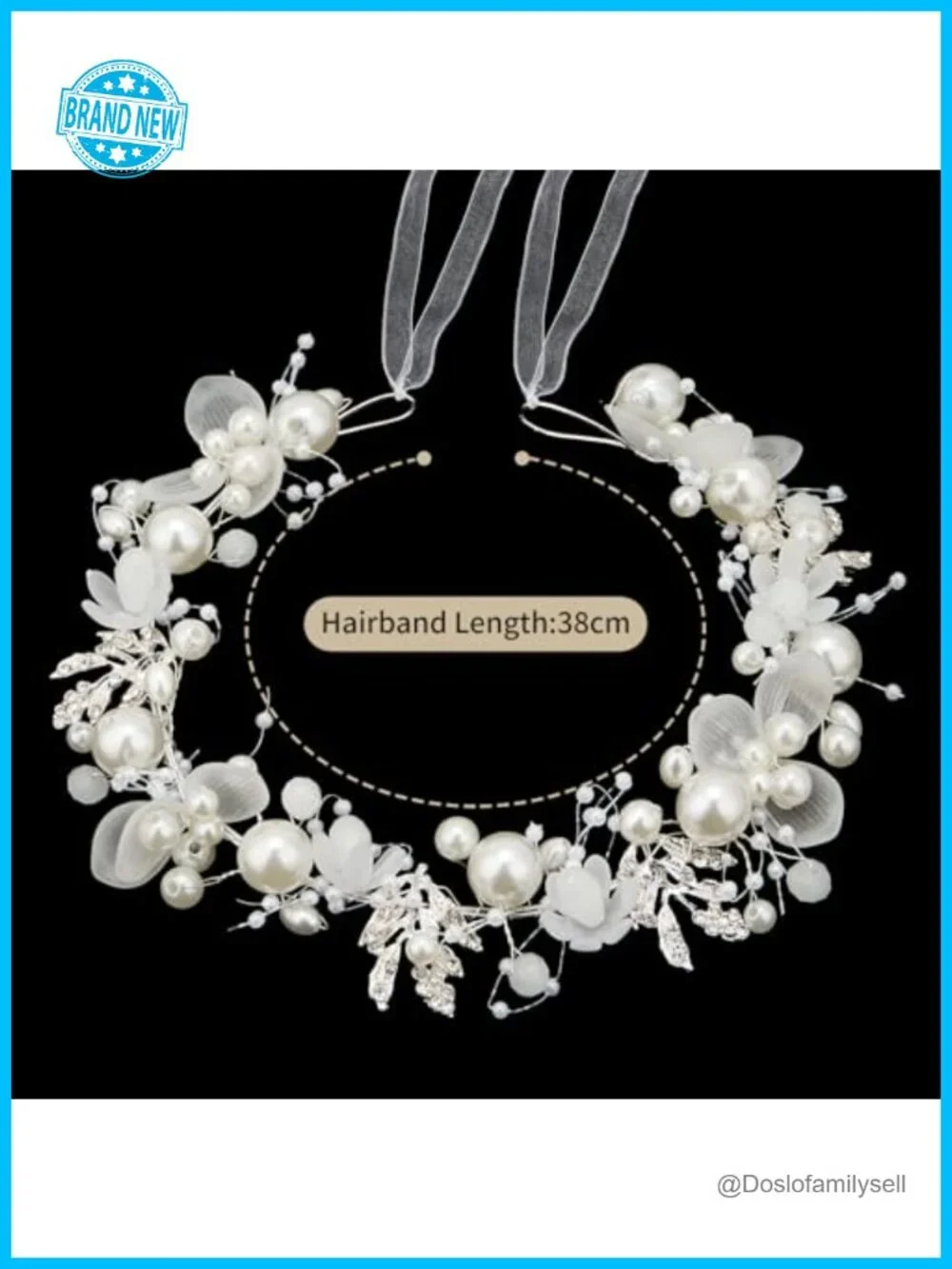 Handmade Pearl Crystal Headpiece Adjustable Ribbon Hair Accessory for Wedding